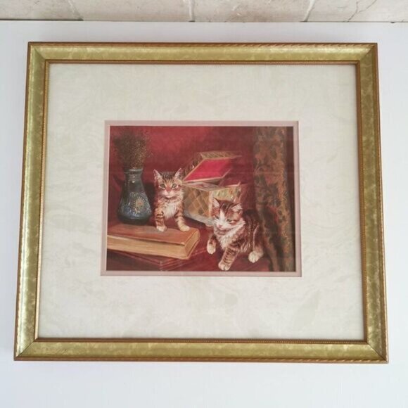 Vintage Fancy Kittens Framed Print 15.5" x 17.5" Victorian Cats Wall Art - Picture 2 of 7